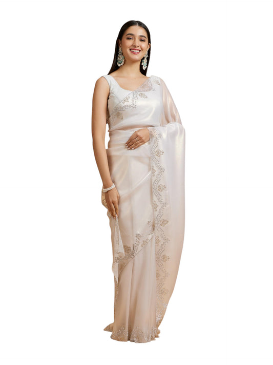 MOHEY Women's Organza Stone Work Saree(Cream)