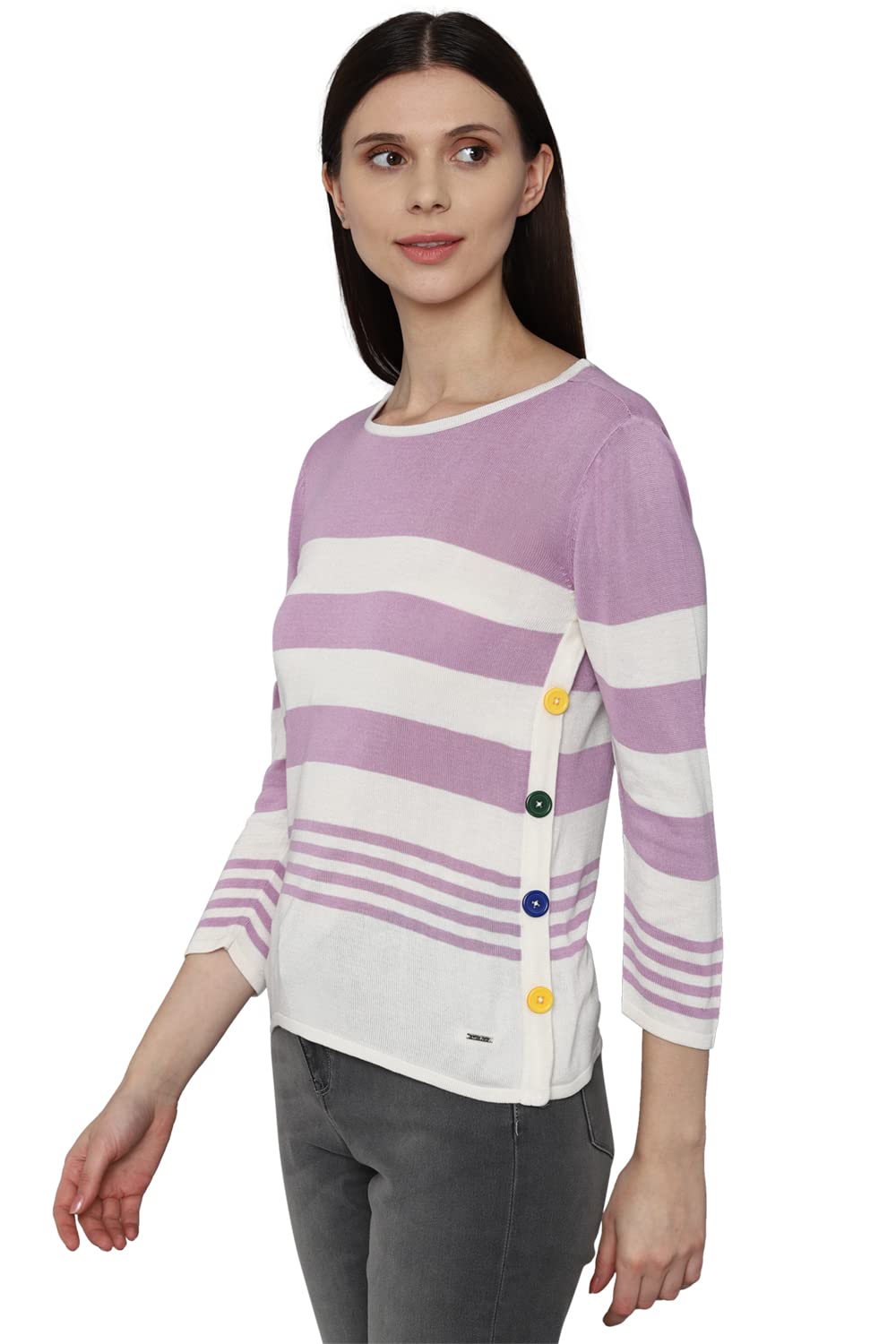 Allen Solly Women's Striped Fitted T-Shirt (AHFTCRGFS58982_Purple L)