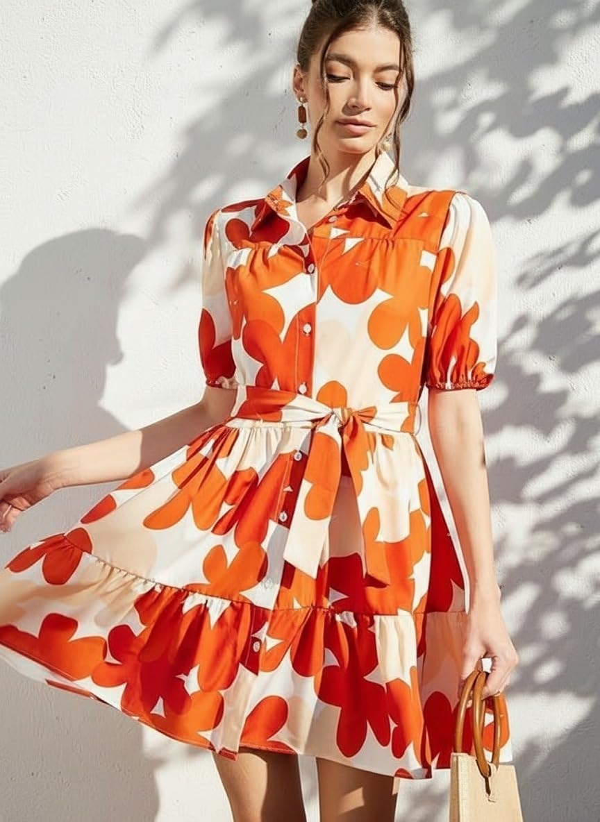 eightone Women's Floral Print Rayon Ruffled A-Line Midi Dress – Elegant Summer (in, Alpha, L, Regular, Orange)