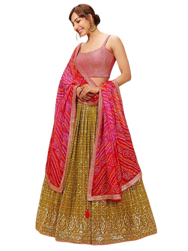 Zeel Clothing Women's Sequins Zari Embroidered Georgette New Lehenga Choli With Dupatta (5076-Mehendi-Wedding-Stylish-Lehenga-Choli; Free Size)