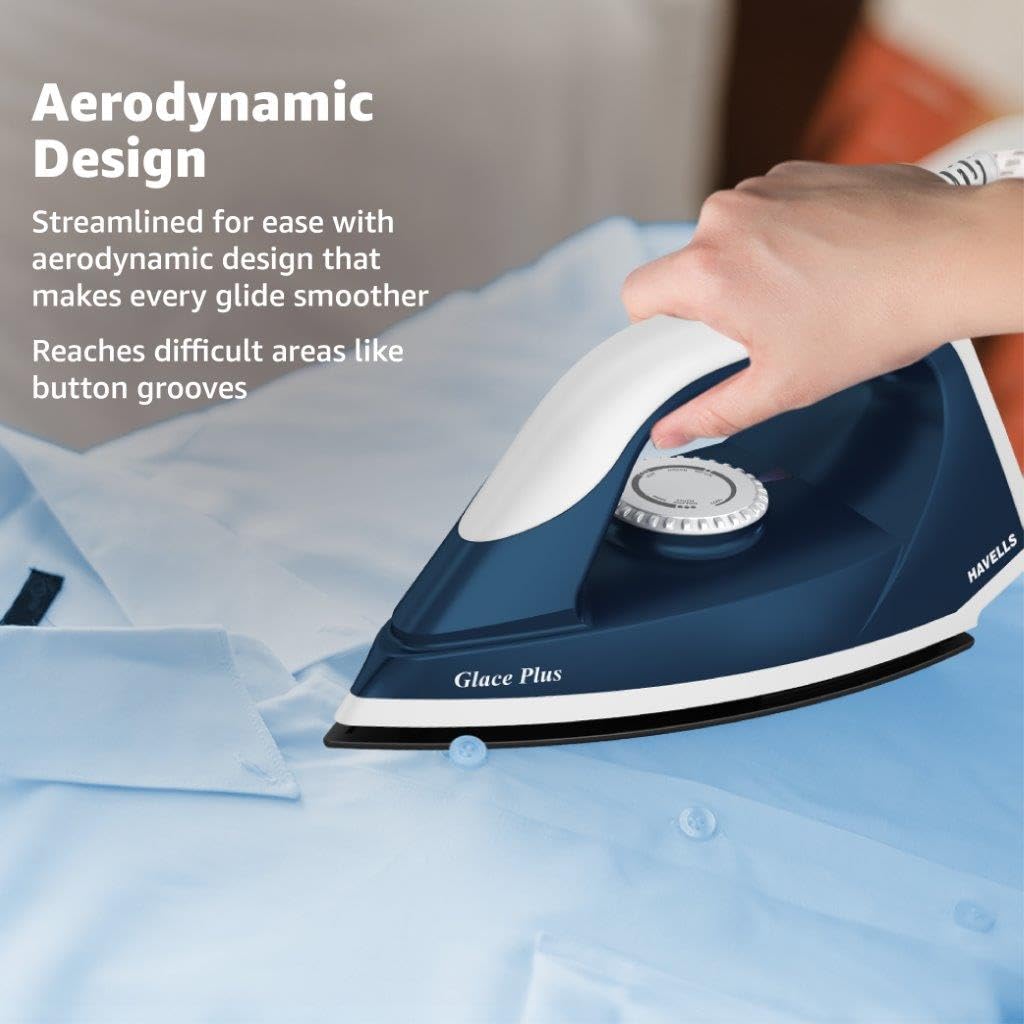 Havells Glace Plus 1000 Watts Dry Iron Press| Greblon Non Stick Sole Plate with German Technology | ISI Certified |Cord Winder | Aerodynamic Design |2 Year Manufacturer Warranty|Stainless Steel(Blue)