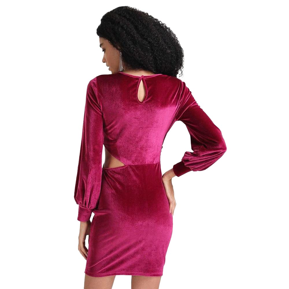 Kazo Crochet Velvet Round Neck Women's Mini Dress (Pink,Extra Small)