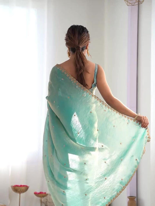 NIRLABH Women Embellished Sequinned Tissue Silk Saree (BLUE BEGIE)