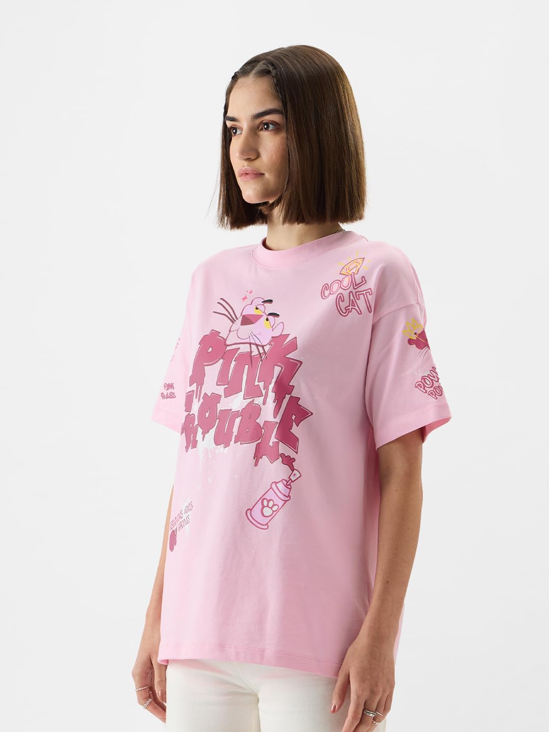 The Souled Store Official Pink Panther: Pink Trouble Women and Girls Short Sleeve Round Neck Pink Graphic Printed Cotton Oversized T-Shirts