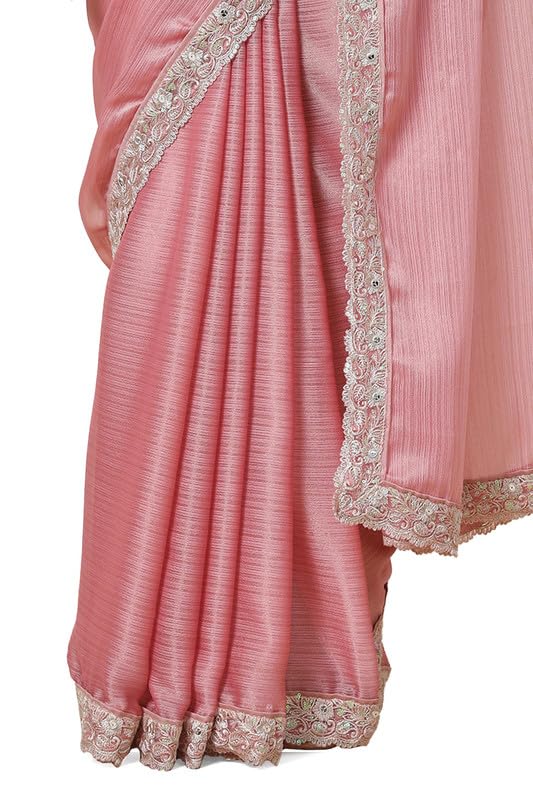 Soch Womens Blush Pink Chiffon Striped Saree with Zardosi Border