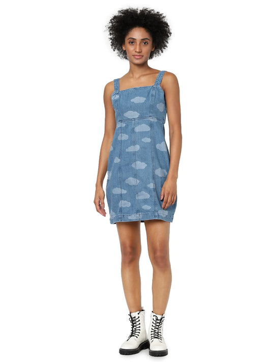 Only Women's Cotton Skater Knee-Length Dress (15274948-Medium Blue Denim_Medium XS)