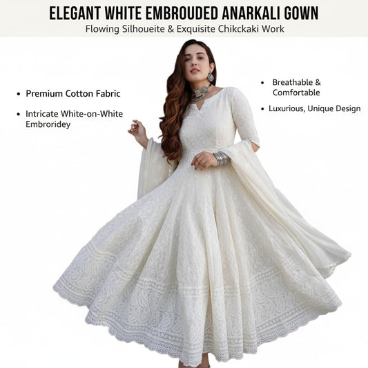 KURTARI Elegant White Embroidered Anarkali Gown with Dupatta | Size - XXL | Full-Length Flared Ethnic Chickankari Dress for Wedding & Party | Premium Georgette with Intricate Lace Work