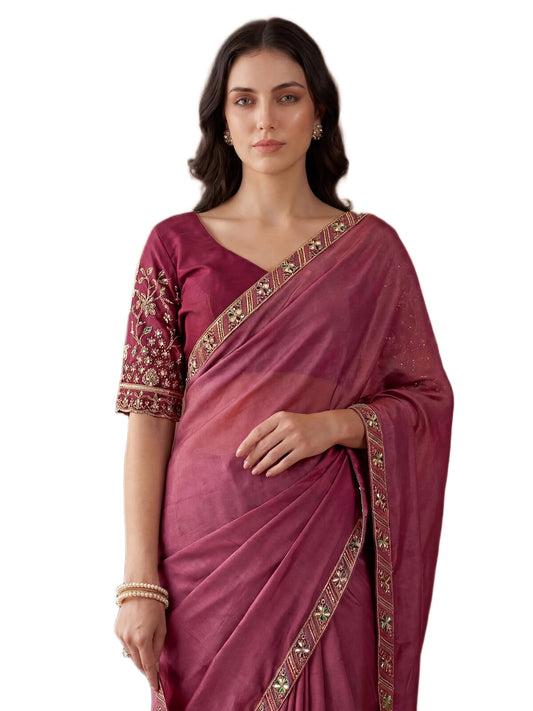 SIRIL Women's Shimmer Georgette Embroidery Saree with Unstitched Blouse Piece (4999S764A_Dusty Rose Pink)
