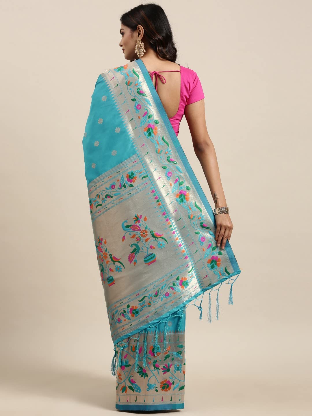 Pandadi Saree Women's Paithani Silk Saree With Blouse Piece (371PS1_Blue)