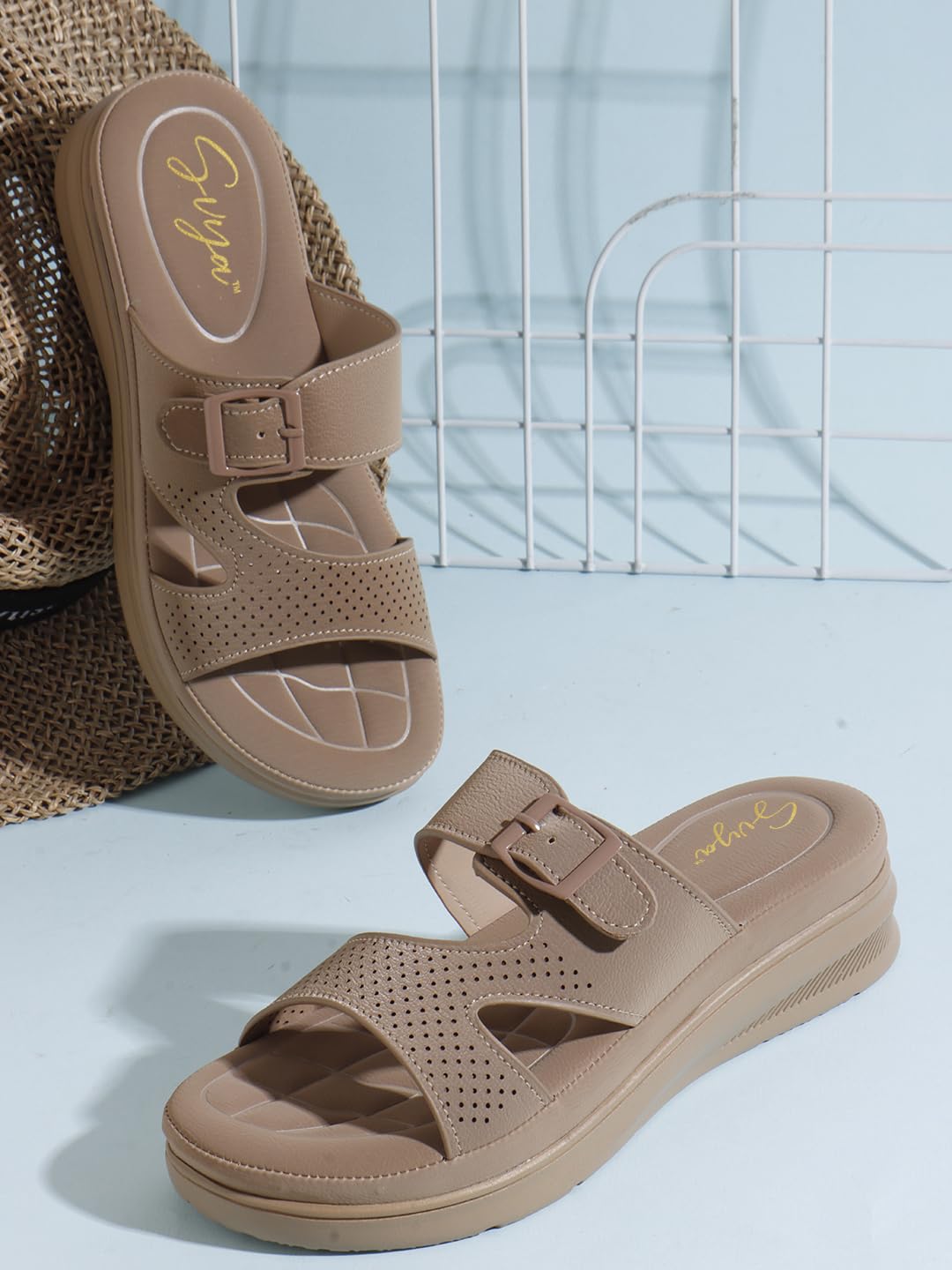 Women Slide Sandals with Perforated Upper and Buckle Detail for All-Day Comfort (Chiku, UK Footwear Size System, Adult, Women, Numeric, Medium, 4)