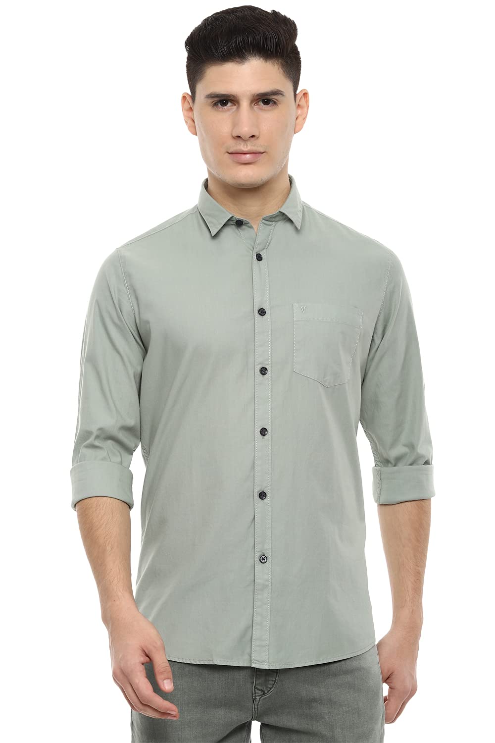 Van Heusen Sport Men's Solid Slim fit Casual Shirt (VSSFLSLBK03965_Olive 40)