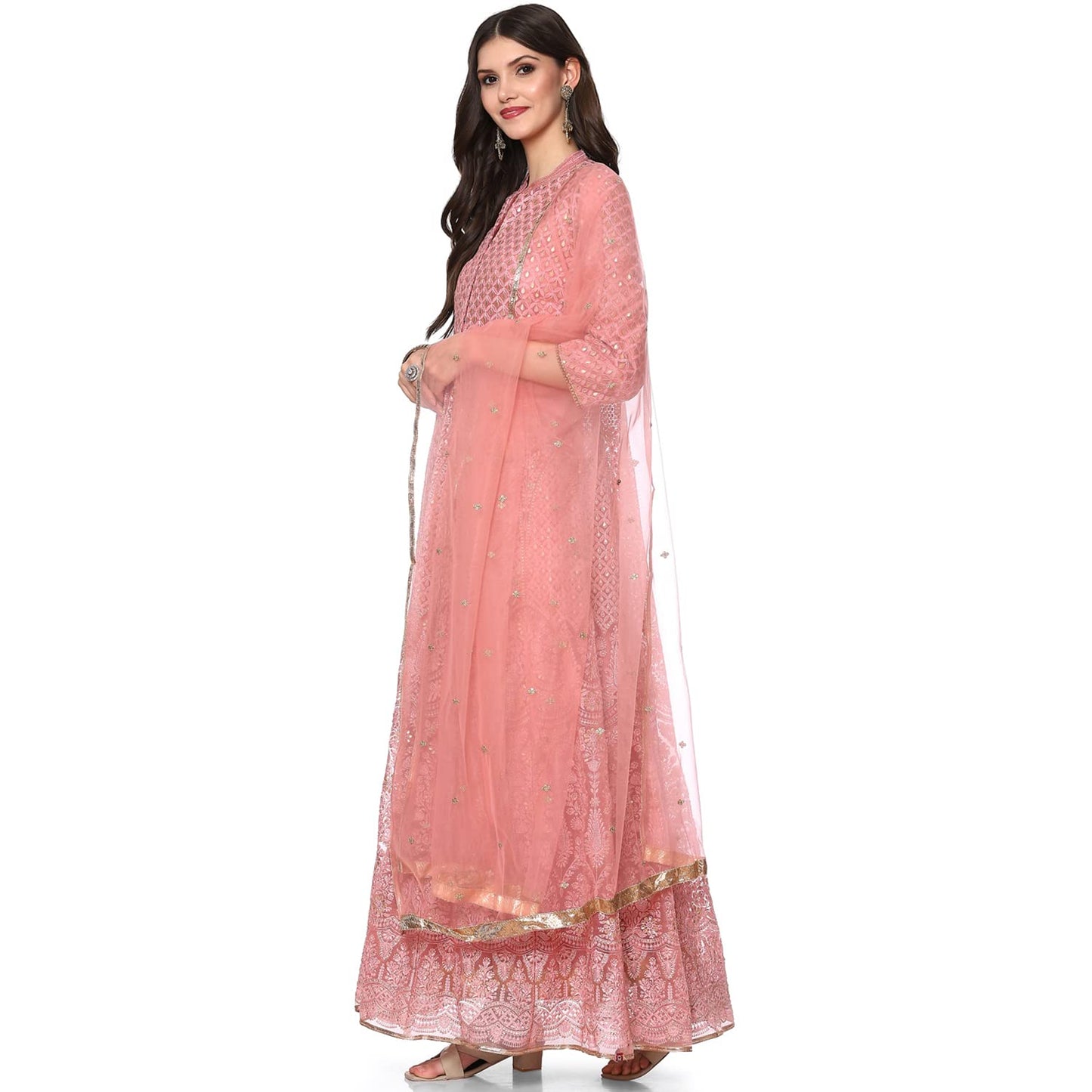 BIBA WOMEN EMBROIDERY FLARED SALWAR KURTA DUPATTA(SKD6463_DSKY PINK_32)