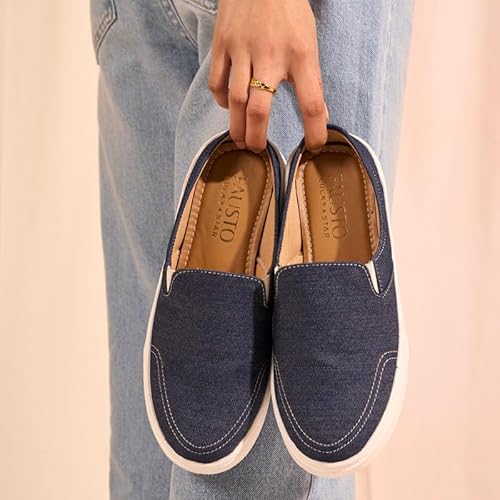 FAUSTO FST FJDWC-7014 NAVY-38 Women's Navy Blue Fashion Classic Stitched Upper Denim Open Back Slip On Height Enhancer Casual Shoes (5 UK)