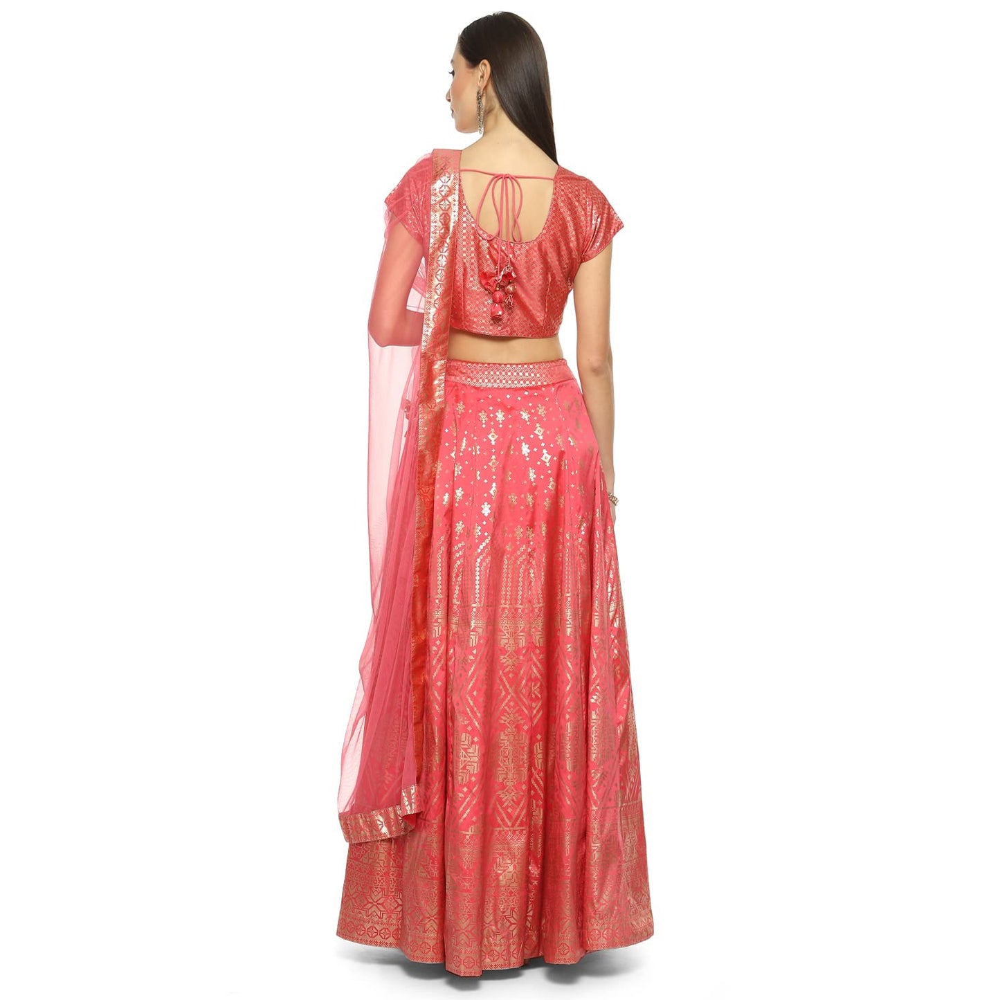 BIBA Women's Coral Pink Cotton Blend Readymade Lehenga Choli Set Medium