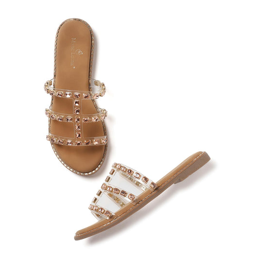 Marc Loire Women Embellished Ethnic Flats | Slip-On Open Toe Fashion Sandals with Comfortable Sole | Stylish Traditional Chappals (Rose Gold, UK Footwear Size System, Adult, Women, Numeric, Medium, 7)