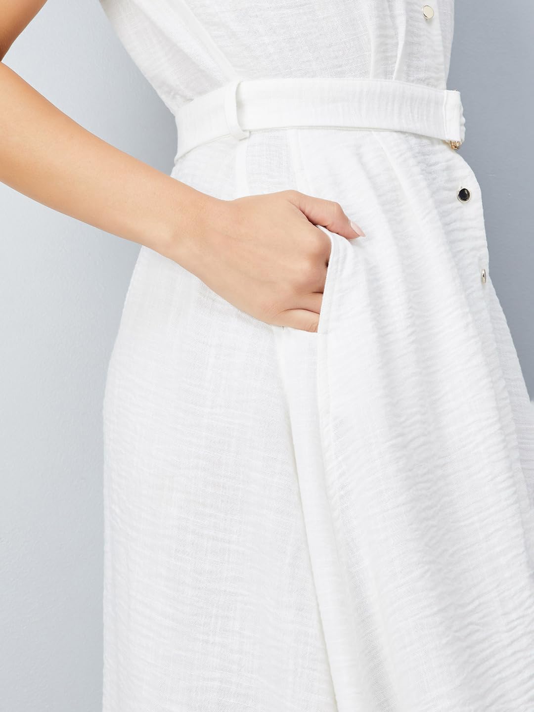 Max Women Solid A-line Belted Dress (Off White_S)