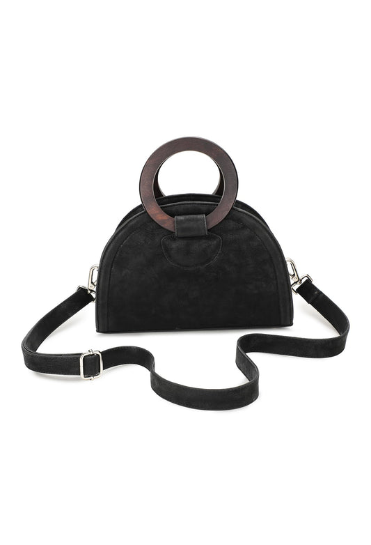 RASHKI CENDRES - Womens Vegan Leather Handbag | Round Wooden Handle| Detachable and adjustable Shoulder Strap | Party Bag| Zipper closure (Black)