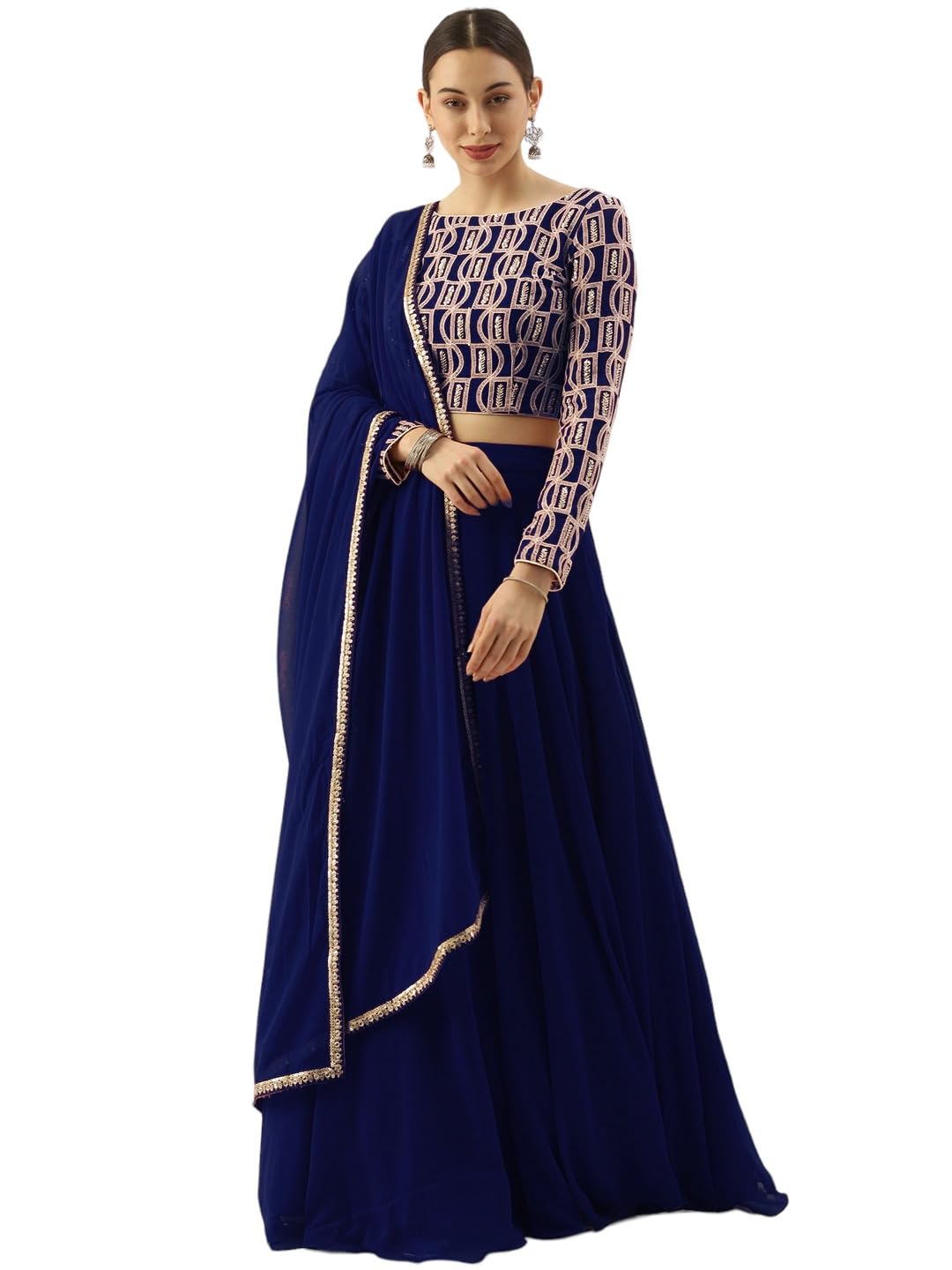 Zeel Clothing Womens Chikankari Sequins Embroidered Georgette Semi-Stitched Lehenga and Choli Set (5050-Blue-Wedding-Girlish-Latest-Design; Free Size)