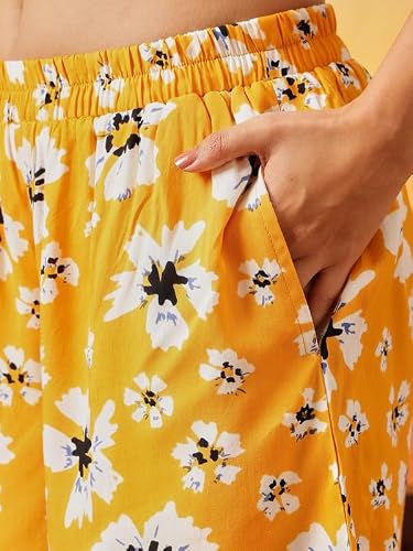Clovia Women's Rayon Co-ord Nightwear Set – Printed Button-Down Shirt & Shorts | Lounge & Sleep Set (LS0141L02_Yellow_L)