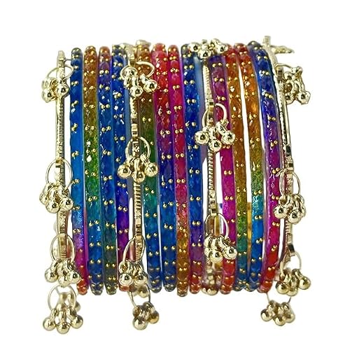 BANGLESKART 16pc dark Multi Color Glass Bangles Set Viral Kashmiri Ghungroo Chuda with Heavy Gold Guchha Charms Traditional Jewelry Women (two set for two hand, 2.4)