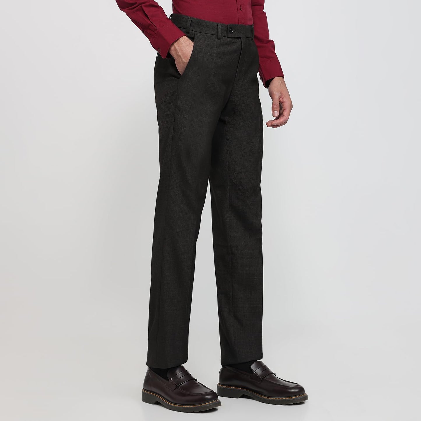 Park Avenue Men Regular Fit Solid Pattern Polyester Blend Flat Front Formal Trouser