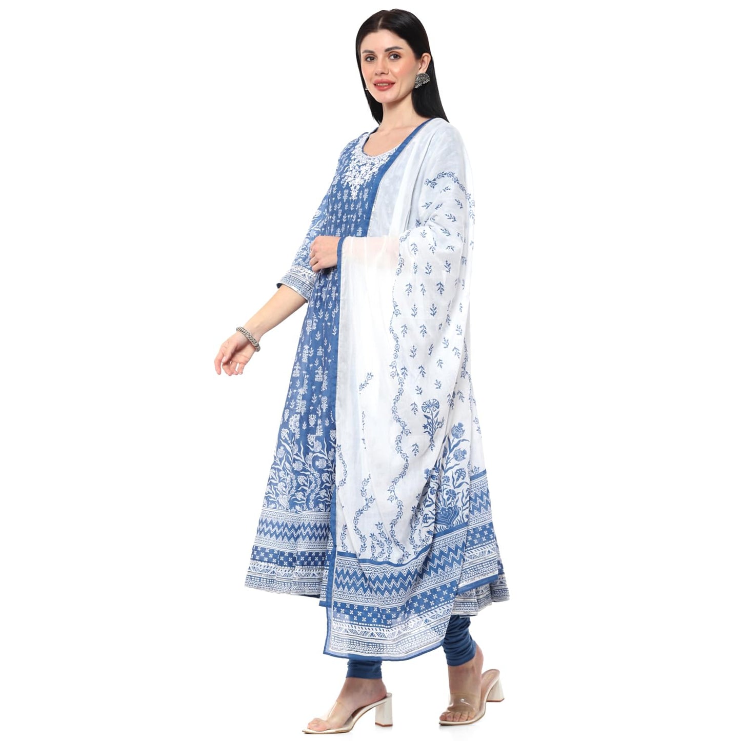 BIBA Women PRINTED ANARKALI SALWAR KURTA DUPATTA(SKDIK RANG9510_BLUE_38)