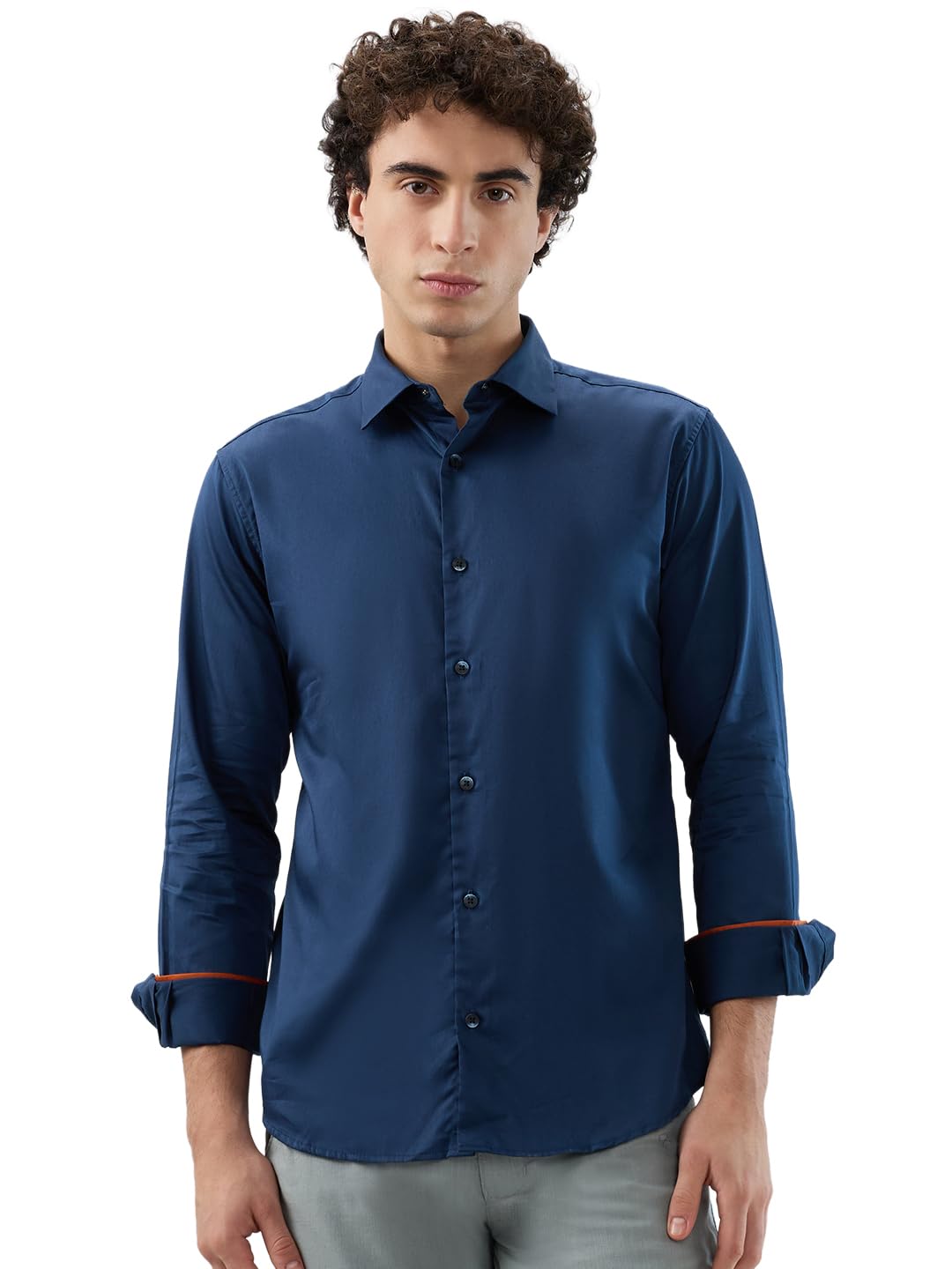 Park Avenue Men Slim Fit Solid Pattern Cotton Lycra Blend Semi Cutaway Collar Full Sleeve Casual Shirt Blue