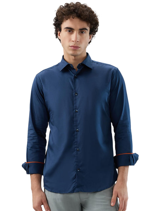 Park Avenue Men Slim Fit Solid Pattern Cotton Lycra Blend Semi Cutaway Collar Full Sleeve Casual Shirt Blue
