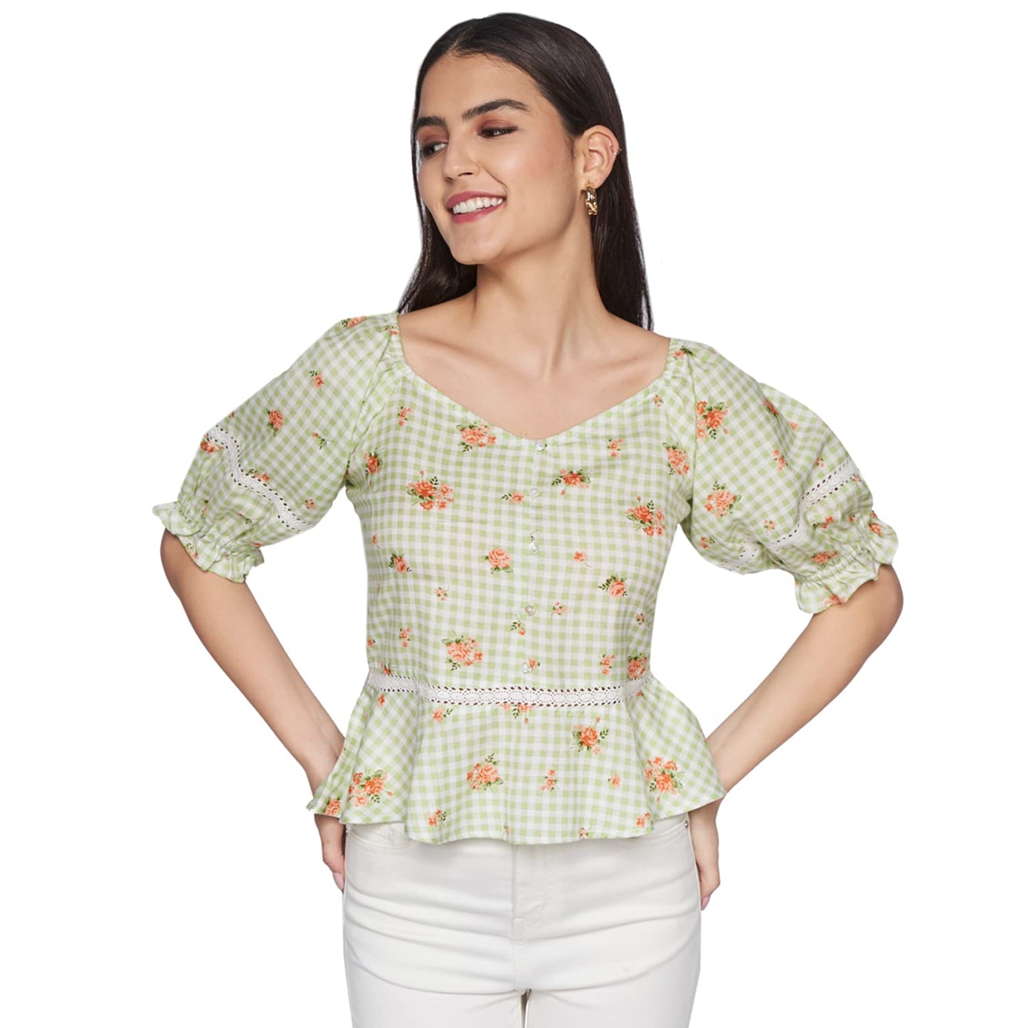 AND Women's Regular Shirt (SS22AG059TR44B_Sage Green 14)