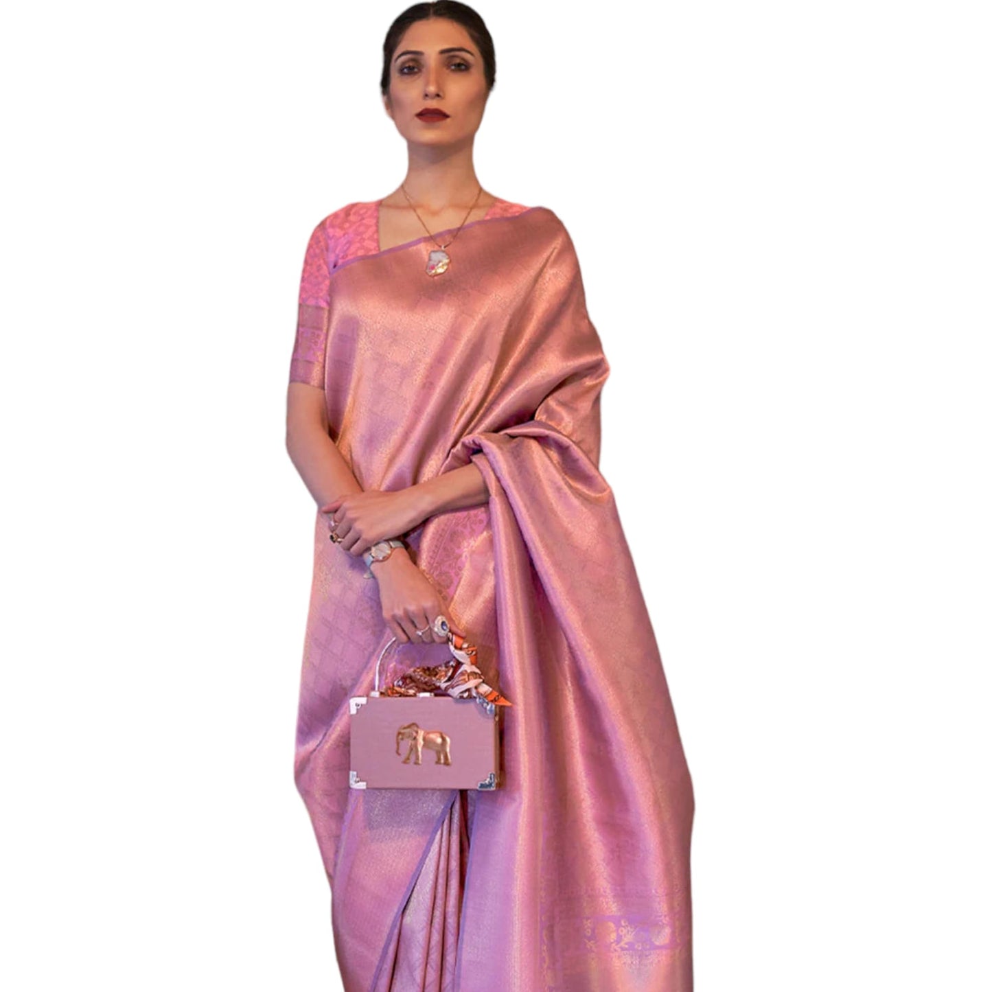 SWORNOF Womens Kanjivaram Silk Saree with Zari Woven Saree With Blouse Piece (PINK-2)