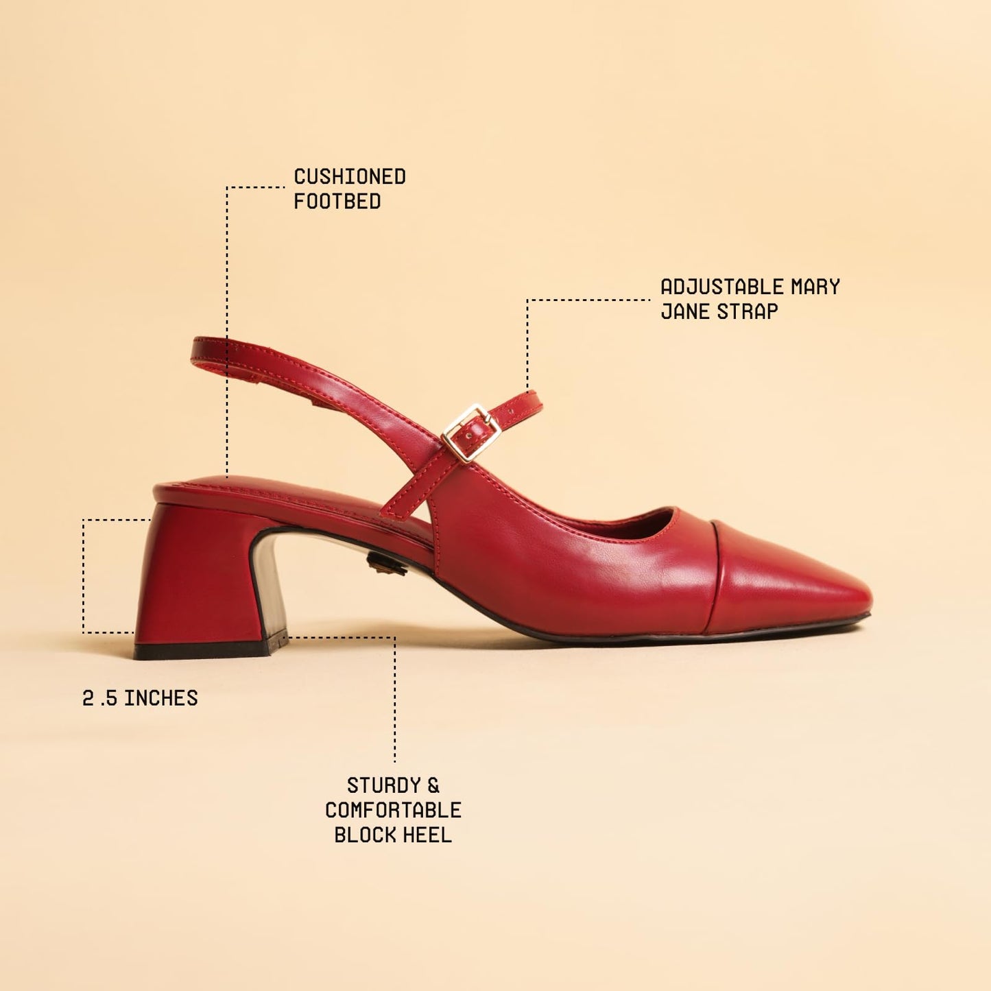 Theater Women Twiggy Red Mary Jane Heels | Square Toe Slingback Block Heel Sandals with Adjustable Strap | Comfortable & Stylish for Office, Party & Casual Wear