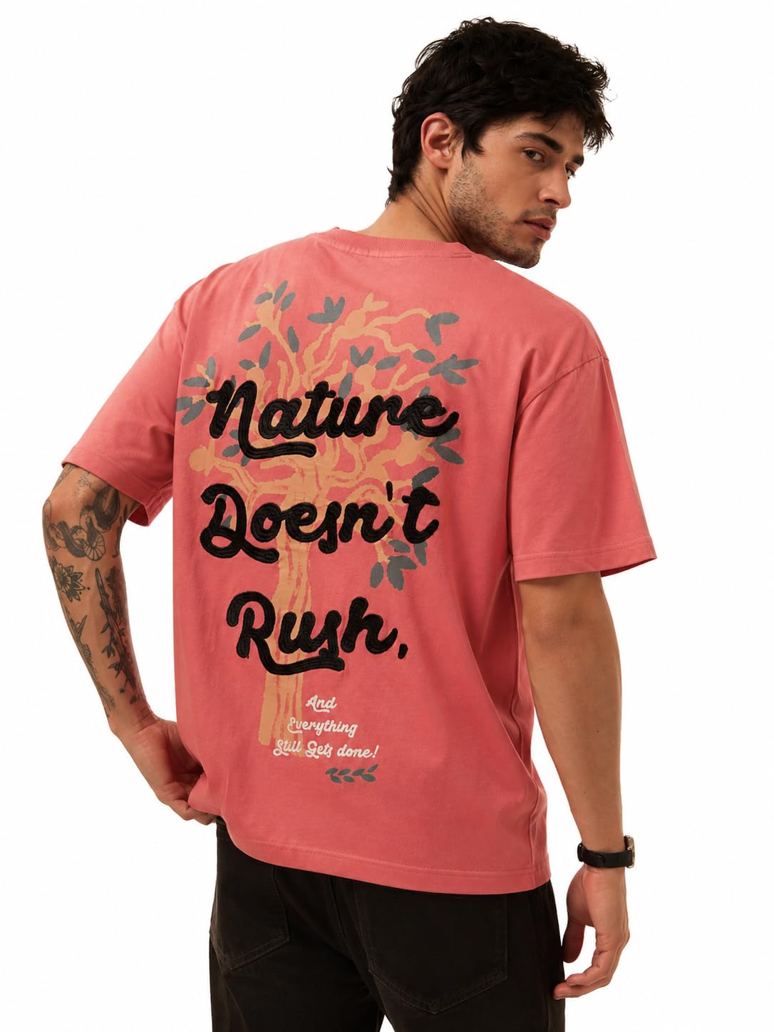 The Souled Store Slow Down Men and Boys Short Sleeves Round Neck Pink Embroidered Cotton Oversized T-Shirts