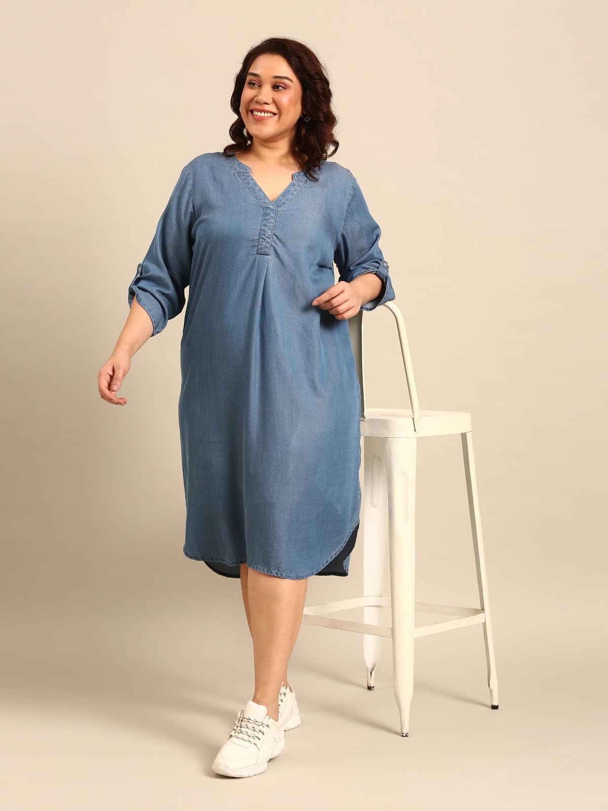 The Pink Moon Women's Midi A-Line Plus Size Denim Dress