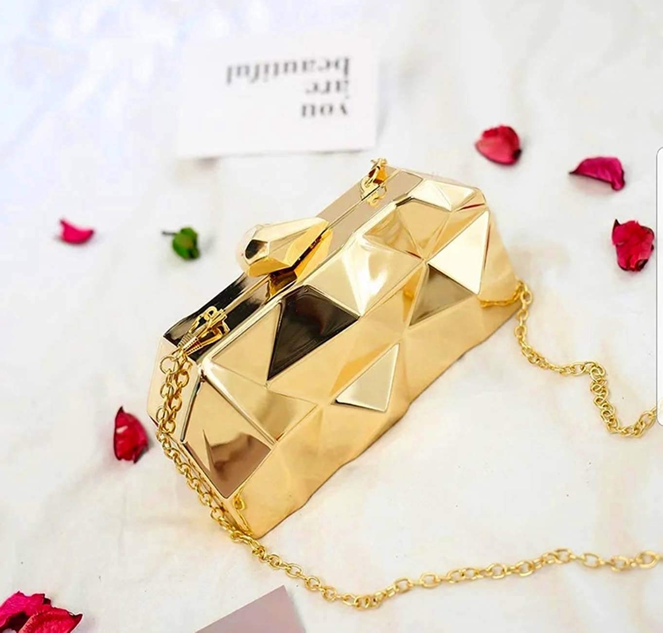 Toobacraft Women Handicraft Beautiful Metallic Acrylic Box Clutch Bag Purse For Bridal, Casual, Party, Wedding (Both Sides Exactly Same) (Gold).