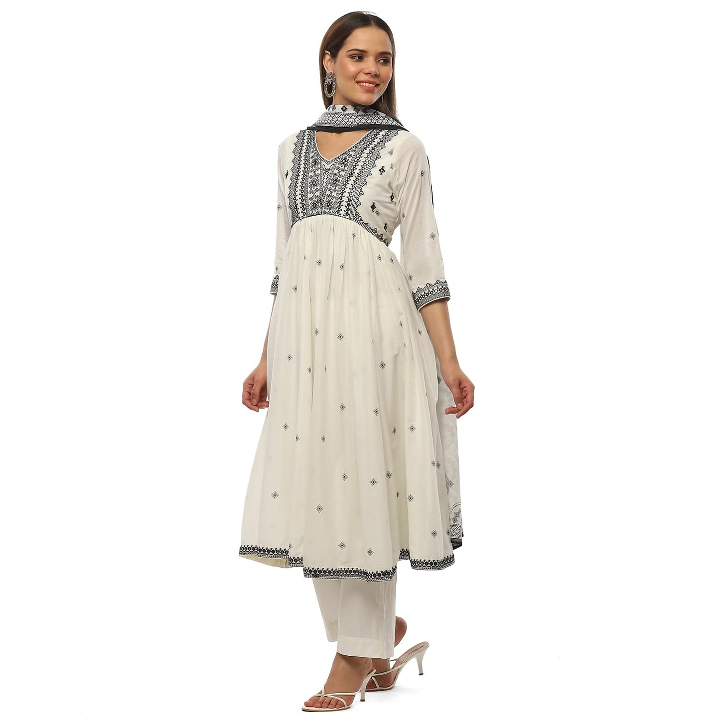 BIBA Women Cotton Gathered Suit Set (Off White)