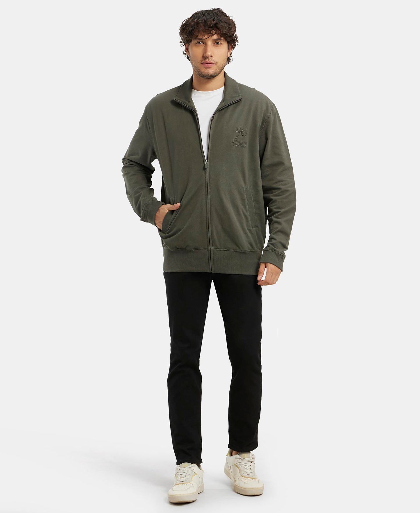 Jockey 2730 Men's Super Combed Cotton French Terry Jacket with Ribbed Cuffs and Convenient Side Pockets_Deep Olive_XL