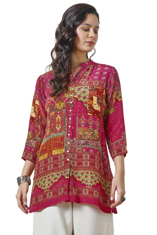 Soch Womens Red Viscose Crepe Abstract Print Tunic with Beads