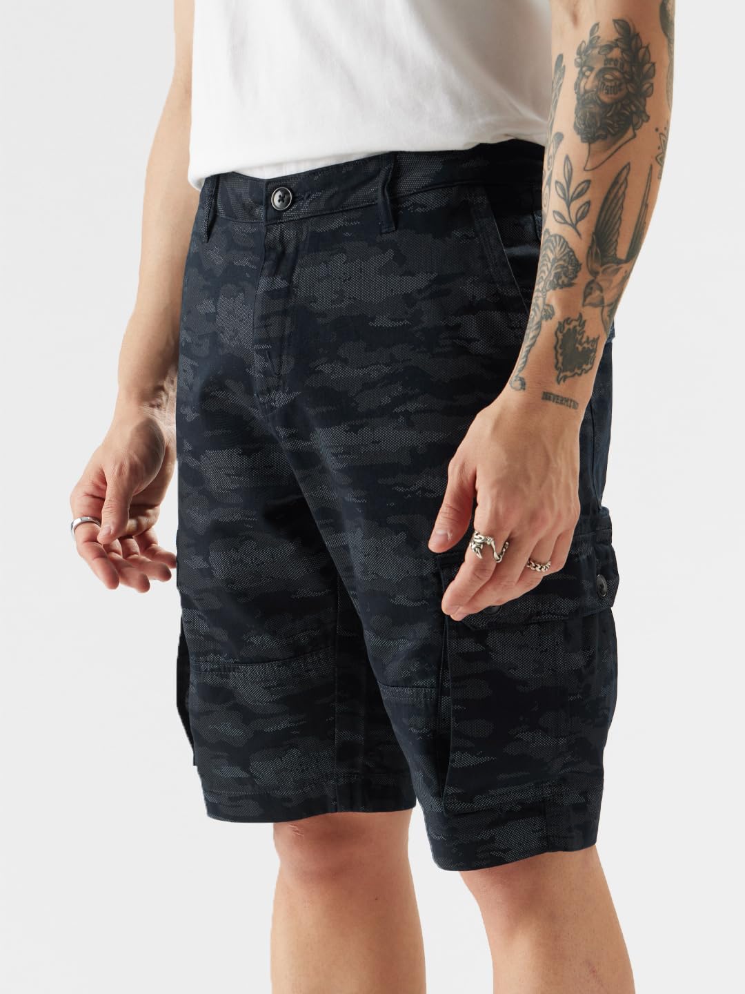 The Souled Store Navy Camo Men Regular Fit Cotton Cargo Shorts
