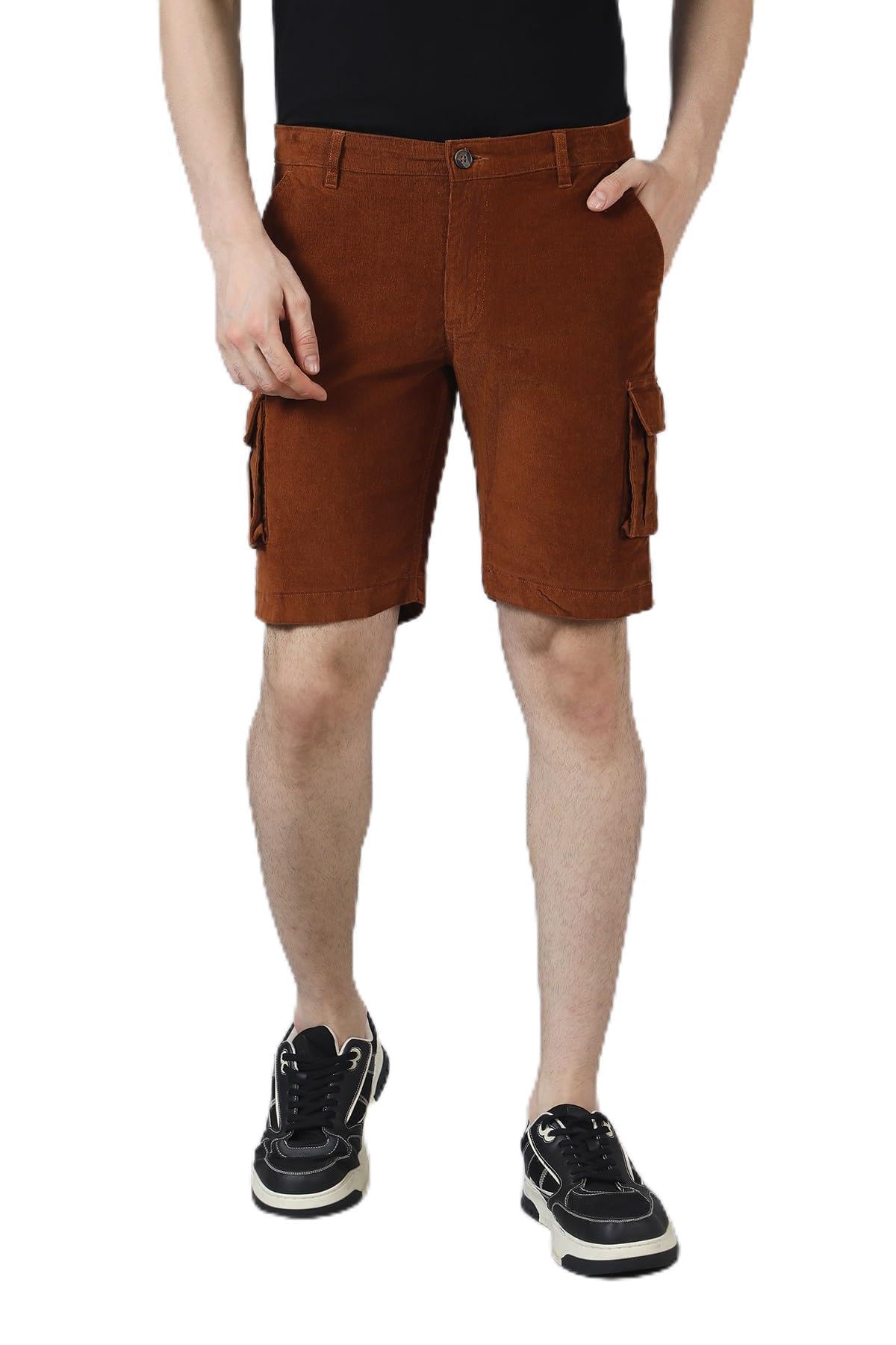 BELANO Men's Rust Colour Corduroy Regular Fit Cargo Shorts (in, Numeric, 32, Regular, Rust)