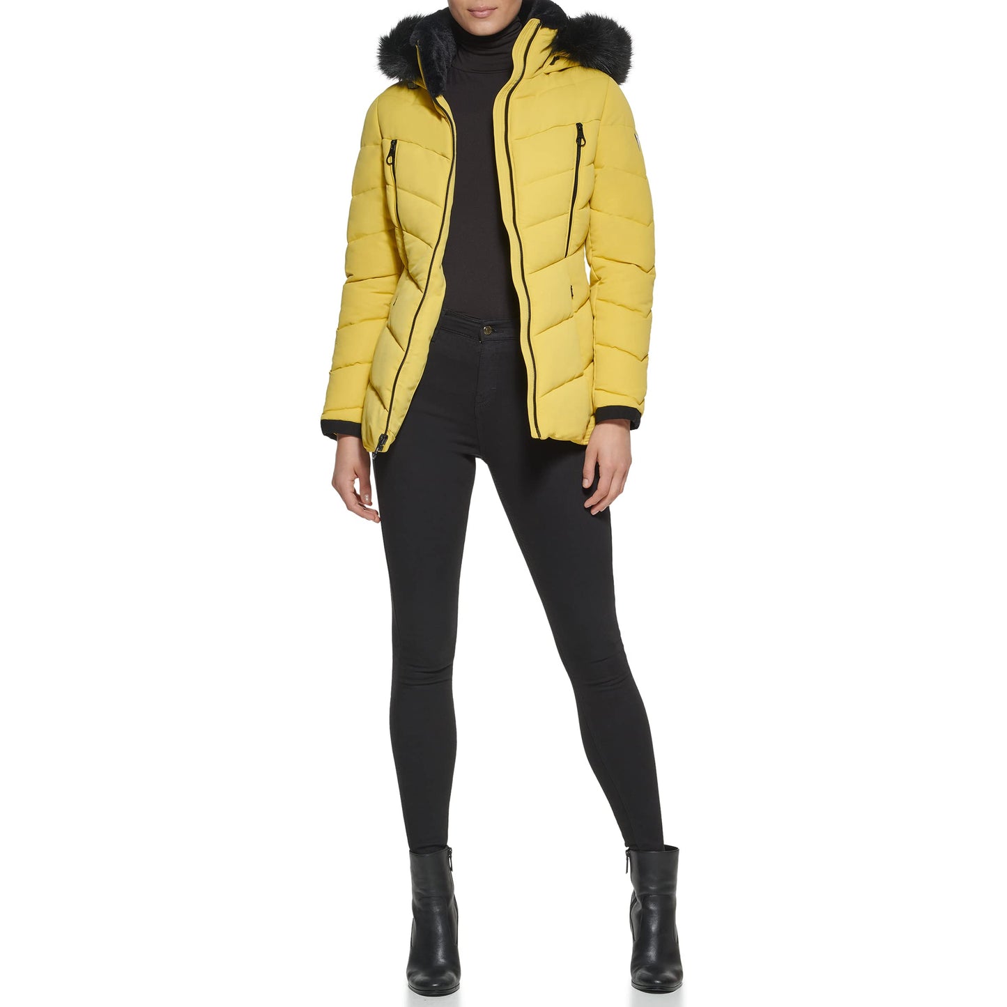 GUESS Women's Cold Weather Hooded Puffer Coat, Highlighter, XL