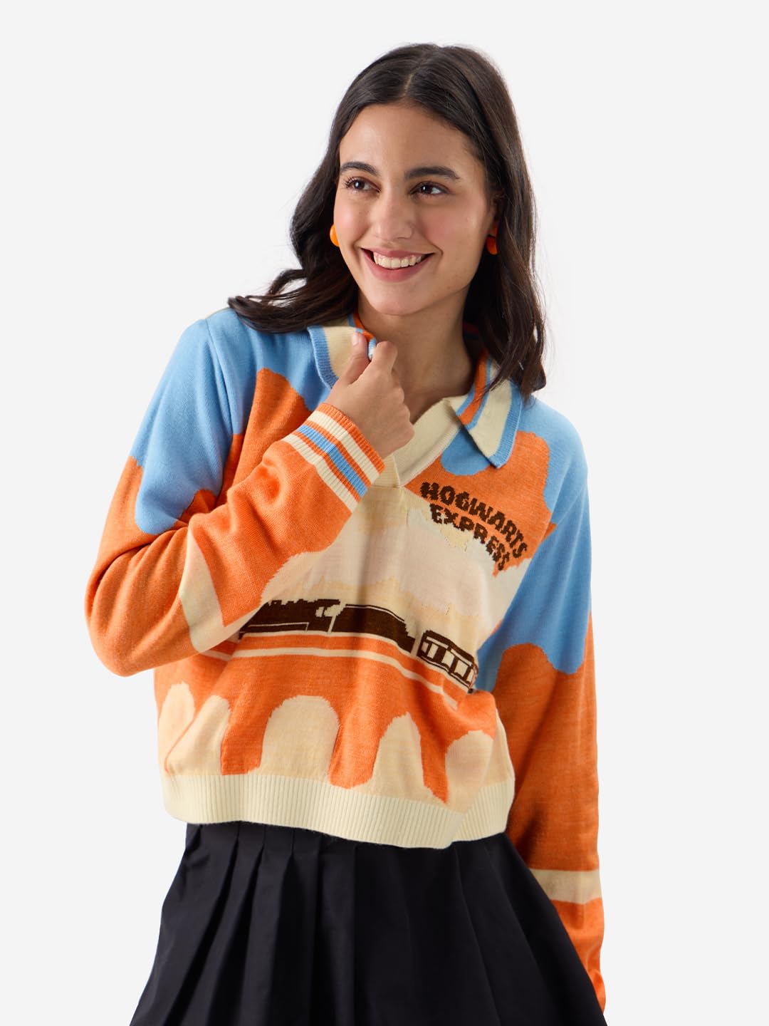 The Souled Store Official Harry Potter: Hogwarts Express Women and Girls Full Sleeve Collared Neck Oversized Fit Cropped Sweaters Multicolour Womens Cropped Knit Sweaters for Girls Pullover Cable