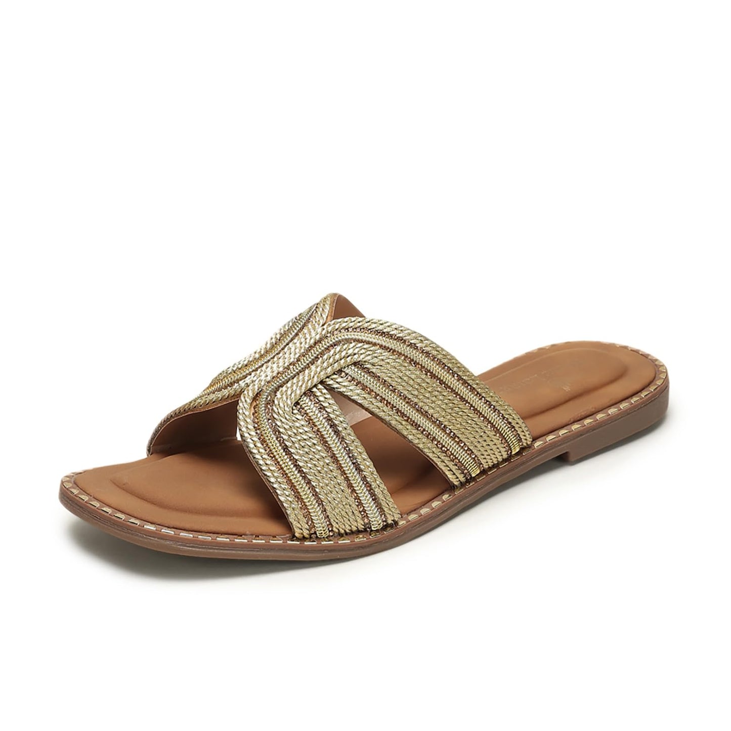 Marc Loire Women Smart Casual Embellished Slip-On Open Toe Flats Chappals | Fashion Sandals with Comfortable Sole (Gold, UK Footwear Size System, Adult, Women, Numeric, Medium, 7)