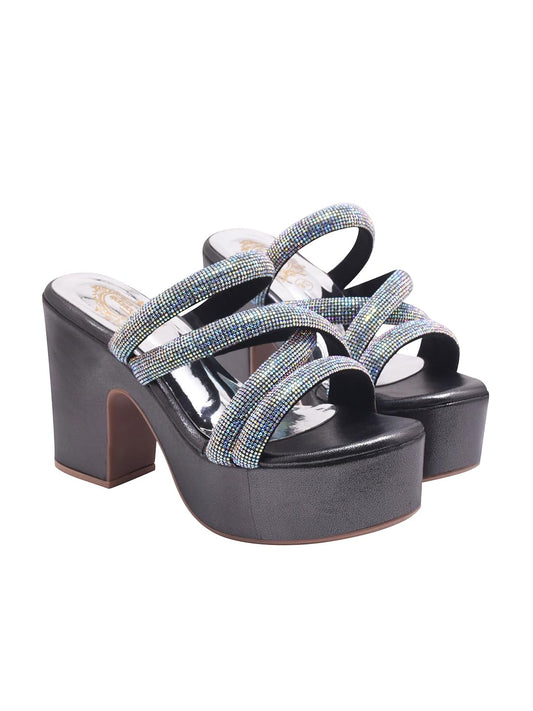 Shoetopia Women's Black Rhinestone Block Heel Sandals - Strappy Dressy Heels for Parties & Weddings EU38