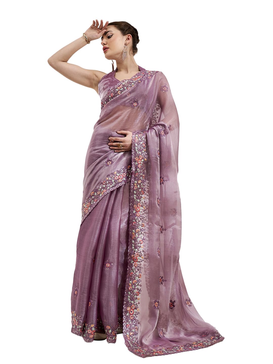 ORHANS Women's Tissu Thread Embroidered Work Saree With Art Silk Matching Unstitched Blouse Piece