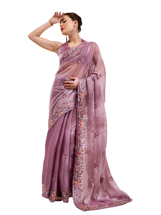 ORHANS Women's Tissu Thread Embroidered Work Saree With Art Silk Matching Unstitched Blouse Piece