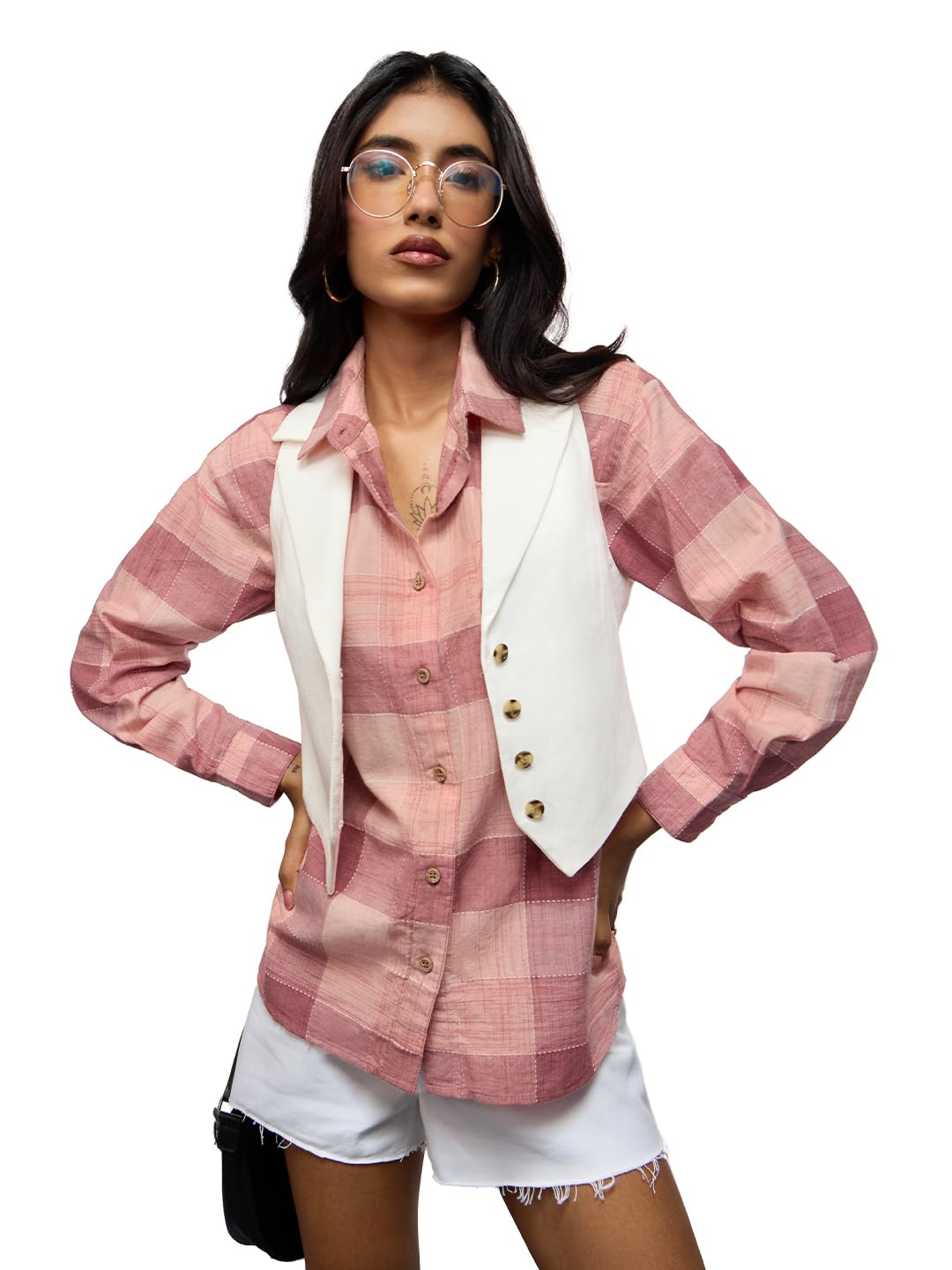 The Souled Store Plaid Shirt: Allure Women and Girls Long Sleeves Collared Neck Button Front Pink Cotton Boyfriend Shirts