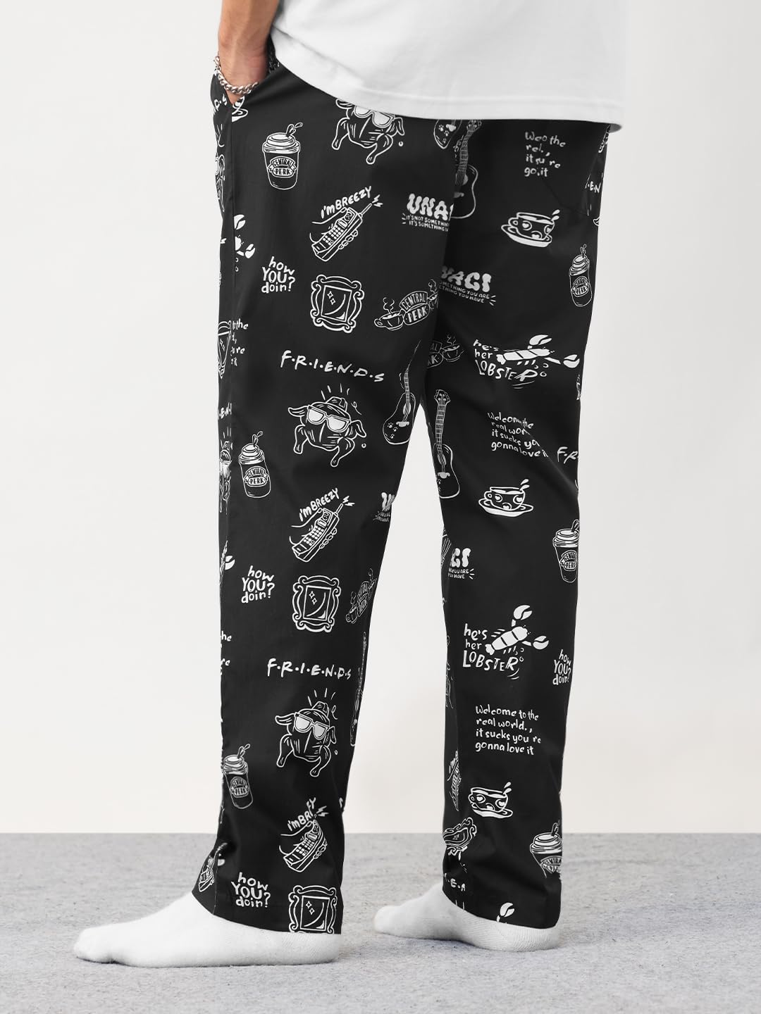 The Souled Store FRIENDS: Doodle Men and Boys Drawstring Waist Black All Over Printed Cotton Regular Fit Lightweight All-Season Lounge Pyjamas