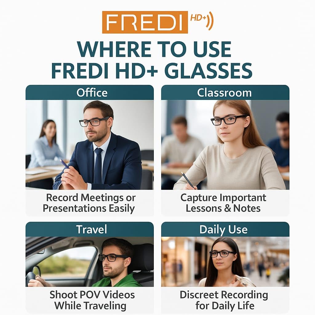 FREDI HD PLUS Smart Eyewear Camera with 1080p Video & Photo | Supports 64GB TF Card | USB Rechargeable Glasses Camera | Stylish Wearable for Office, Classroom, Outdoor & Travel Use