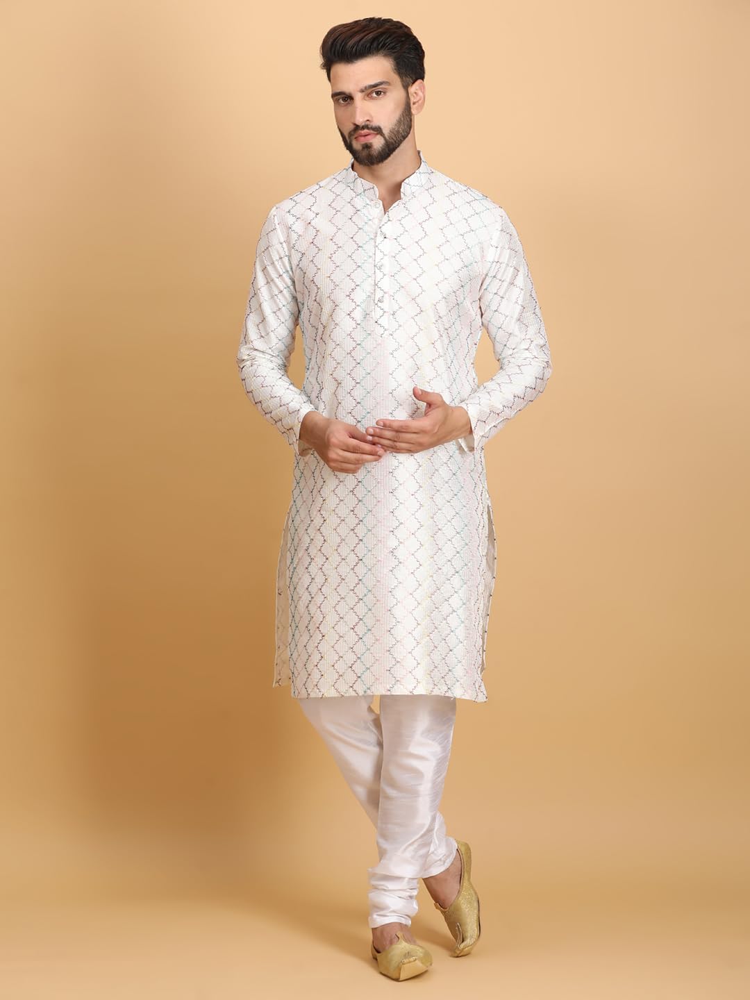 Ethluxis Men's Silk Blend Embroidered Regular Fit Kurta with White Churidar Set (46, White Multi)