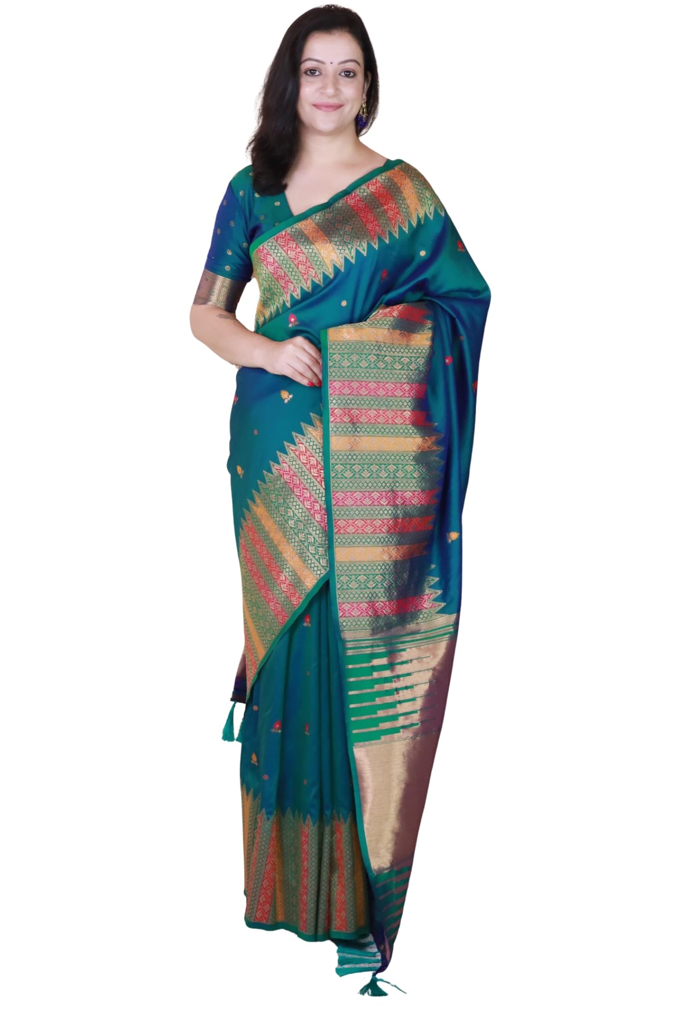 SGF11- Women's Kanjivaram Pure Soft Silk Handloom Saree Pure Golden Zari With Blouse Piece (Rama Green)